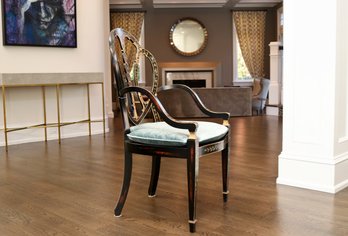 2 Of 2 Neoclassical Hepplewhite Style Tromple L'oeil Floral Black Gold  With Cane Seat And Ice Teal Cushion