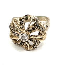 Beautiful Vintage Sterling Silver Marcasite And Clear Stone Flower Ring, Size 9