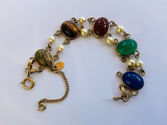 Vintage Burt Cassell 12 KT GF Carved Scarab And Pearl Bracelet