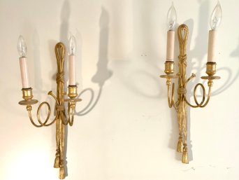 Pair Gold Painted Two Light Wall Sconces