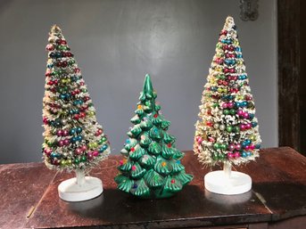 Lot Of Three Vintage Christmas Trees - Two Amazing Vintage Bottle Brush Style Trees From Japan And Porcelain