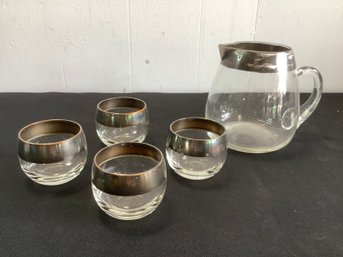 Sterling Trimmed Glass Pitcher And Cups Set