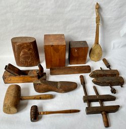 Vintage Solid Wood Door Stops, Vices, Hammers & More (11 Pieces)