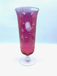 Vintage Etched Flared Cranberry Flash Glass Pedestal Vase