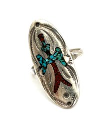 Vintage Sterling Silver Native American Turquoise And Coral Color Ring, Size 5