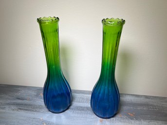 Pair Of Green & Blue Ombre Jeannette Glass Vases