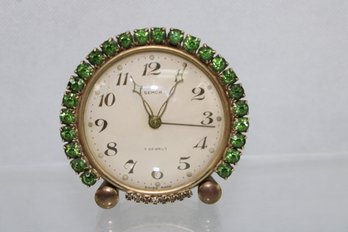 Vintage Swiss Alarm Clock Rhinestone Boudoir Case Semca 7 Jewel   Alarm And Time