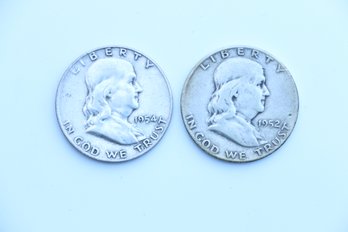 2 Franklin Silver Half Dollar Coins 1954 D 1952 D