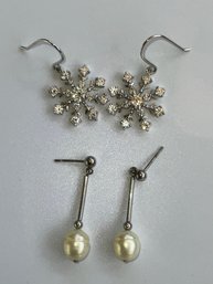 Earring Lot - Sterling CZ Snowflakes And Drop Pearl