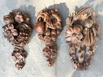 Three French Boiserie Carvings Of Flowers And Fruit, Late 19th C.