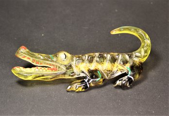 Rare Bakelite Lucite Reverse Carved Alligator Brooch In Green Painted