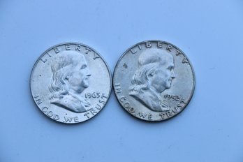 2 Franklin Silver Half Dollar Coins 1963 D 1952