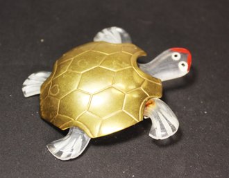 Vintage Carved Lucite And Brass Turtle Brooch