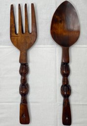 Figural Carved Oversized Wooden Fork And Spoon