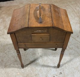 Vintage Freestanding Wood Sewing Box With Notions