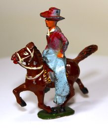Vintage Lead Painted Cowboy On Horseback 2-part Figure