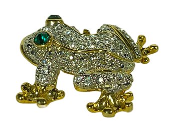 Fine Rhinestone Frog Brooch Gold Tone