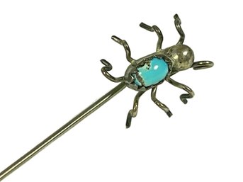Sterling Silver Native American Spider Stick Pin Having Turquoise Stone
