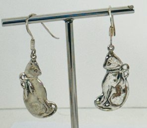 STERLING SILVER KITTY CAT WEARING BOW DANGLE EARRINGS