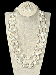 Amazing Vintage Sterling Silver Large Baroque Fresh Water Pearls Three Strand Necklace And Earrings Set