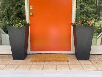 Pair Of Large Contemporary Planters With Live Floral Plants