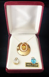 14K Gold Set W Nine Inch Necklace, Enhancer & Three Stones- Blue Topaz, Citrine &  Clear? NOS- See Description