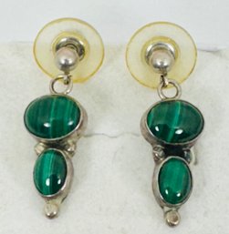 SIGNED CIRCLE J.W. (JACK WHITTAKER) STERLING SILVER MALACHITE DANGLE EARRINGS