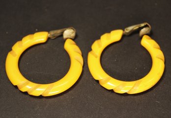 Yellow Colored Carved Bakelite Clip Hoop Earrings