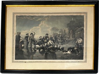 An Antique New York Hand Colored Lithograph - Dutch Children Playing On The River Ice