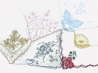 6 Large Embroidered Design Hankies - Floral & Butterfly