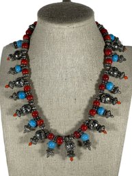 Designer Silver Tone And Plastic Beaded Necklace Southwestern Style