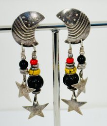 14K GOLD POST STERLING SILVER STARS AND MOON DANGLE EARRINGS