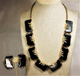 Vintage 1960s Gilt Gold Tone Link Necklace And Earrings Signed Marbleized Bakelite Plastic