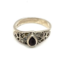 Vintage Sterling Silver Garnet Color Stone Ornate Ring, Size 7