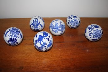 Set Of Six Mid Century Chinoiserie Blue & White Prosperity Rug Balls