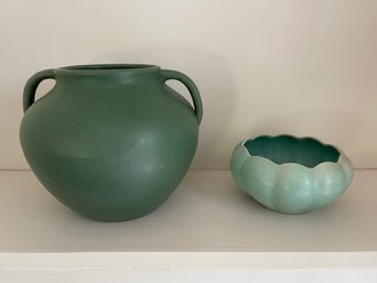 A Double Handle Vase And A Ceramic Scalloped Catchall