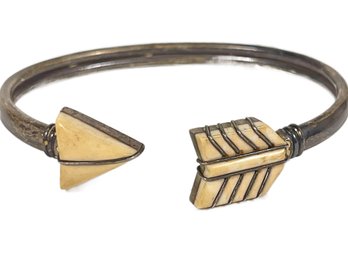 Fine Early Native American Sterling Silver Bangle Bracelet Of An Arrow Having Bone Inlay