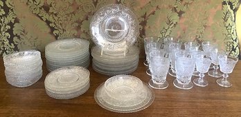 Large Grouping Of Clear Sandwich Glass Dishware & Stemware