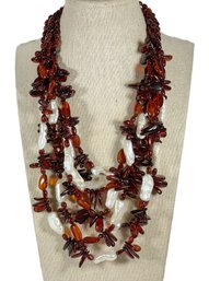 SUPERB Genuine Amber And Cultured Pearl Multi Strand Necklace GREAT CLASP