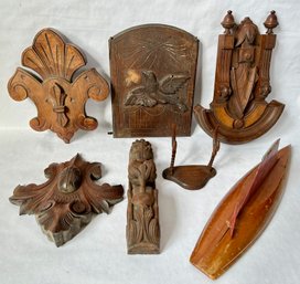 Vintage Carved Wood Wall Hangings, Boat & Wall Hook (7 Pieces)