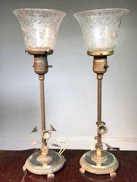 Wonderful Pair Of Antique French Lamps Brass Boudoir / Vanity Lamps With Wonderful Etched Shades - Wow !