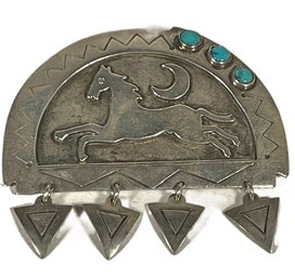 Large Signed Sterling Silver Artisan Brooch Southwestern Turquoise Horse And Moon