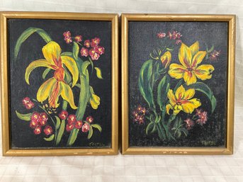 2 Vintage Floral Paintings Signed Teitel On Canvas Board 8.5x10.5 Framed