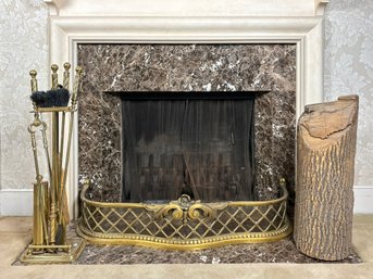 A Vintage Brass Fireplace Fender And Tools