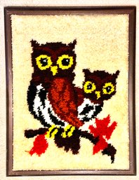 Vintage MCM Latch Hook Owl Carpet Art Framed