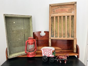 Wooden Shelf, Vintage Style Light & Horse & Buggy