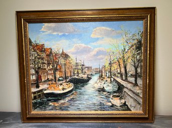 Original Signed Oil Painting Amsterdam Canal Scene