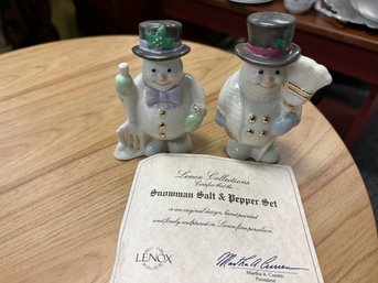 Lenox Salt & Pepper Snowmen With Certificate Of Auth. In Box