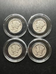 4 Mercury Dimes 1942, 1943, 1944, 1945