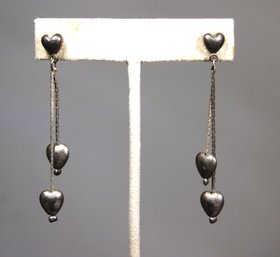 Pair 1980s Sterling Silver Drop Heart Shaped Pierced Earrings